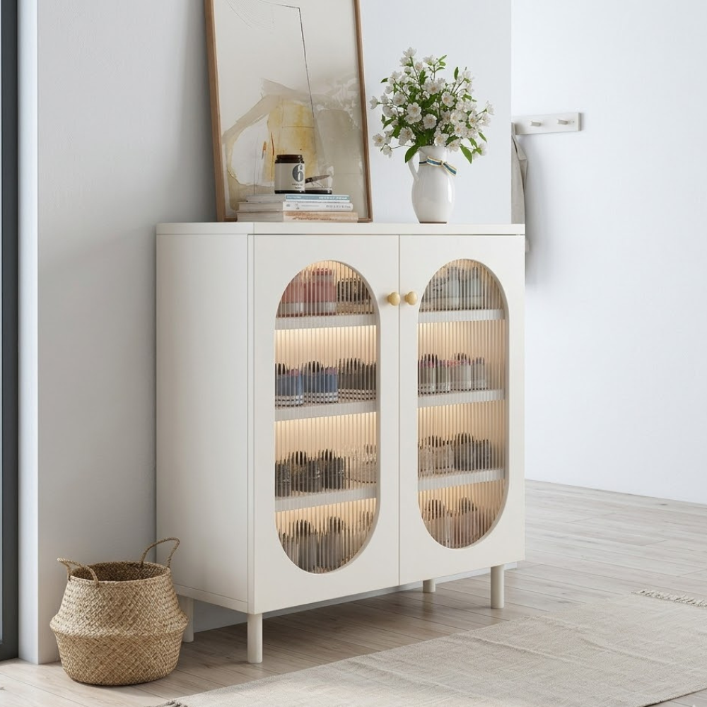 Modern Minimalist 4-Tier Shoe Storage Cabinet with Rattan & Glass Organizer for Entryway Shoe Storage