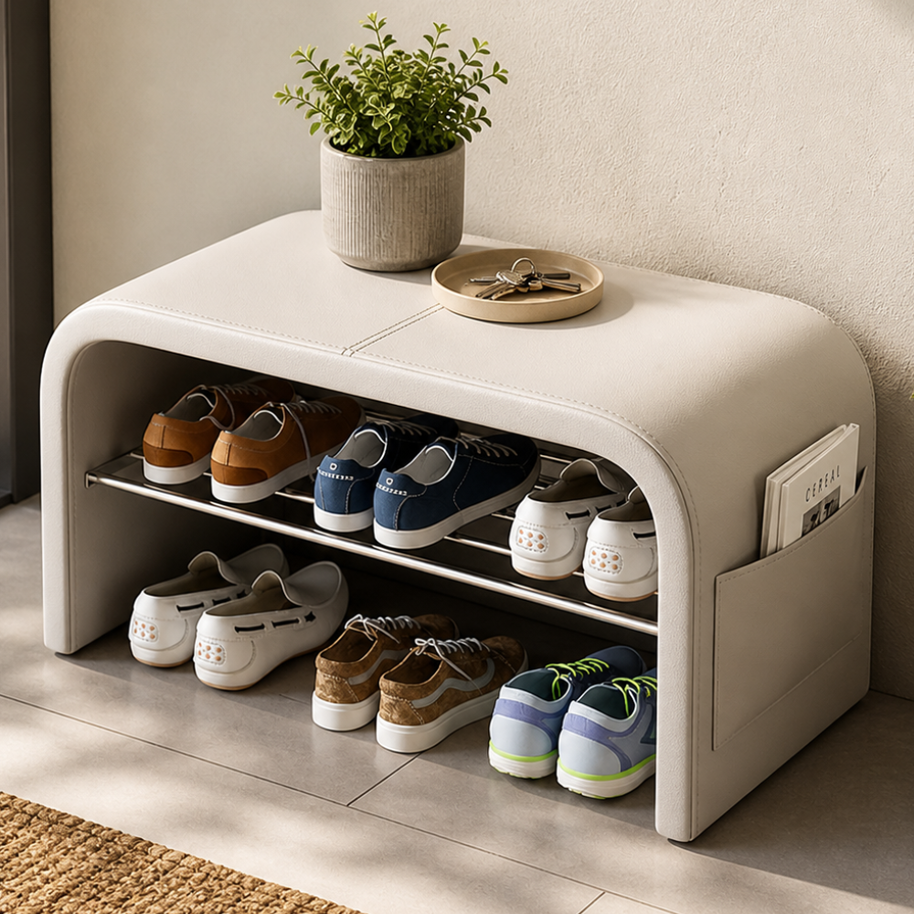 Scandinavian Shoe Storage Bench - 1-Tier Faux Leather Shoe Rack for Entryway Shoe Storage Benches
