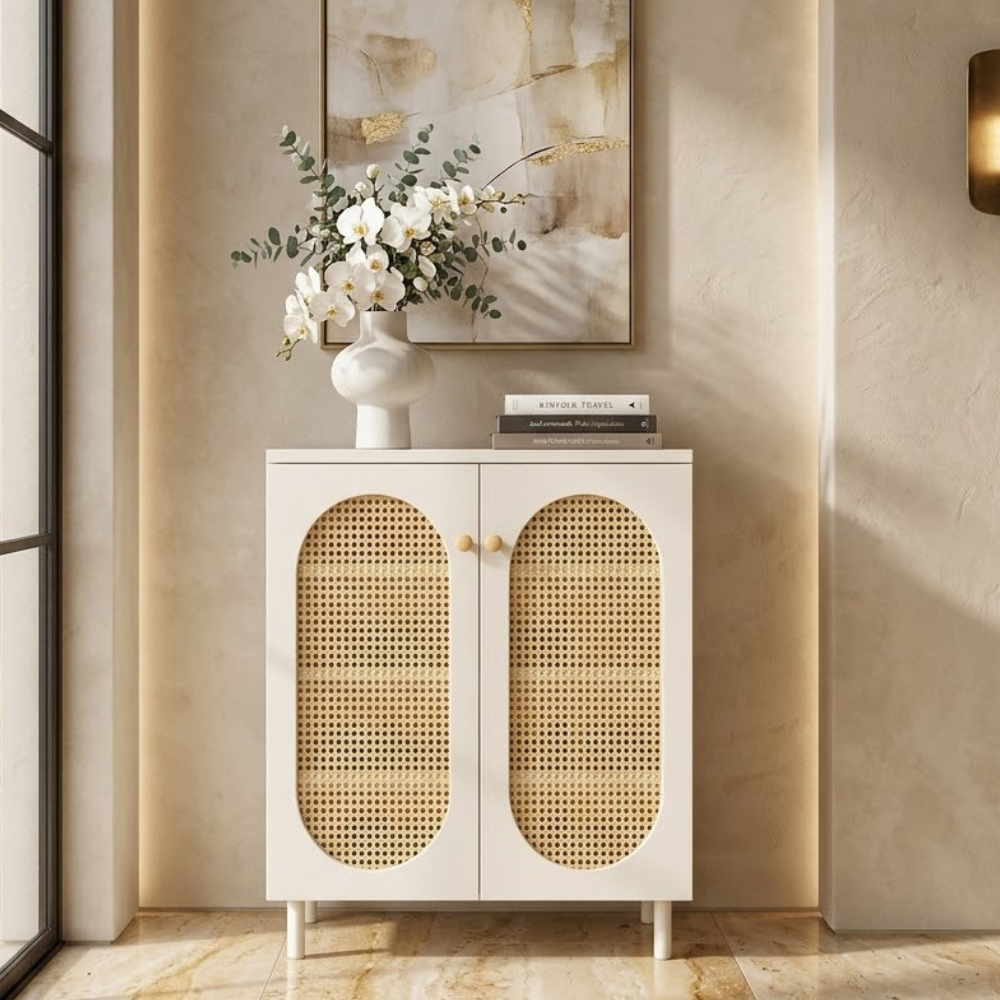 Modern Minimalist 4-Tier Shoe Storage Cabinet with Rattan & Glass Organizer for Entryway Shoe Storage