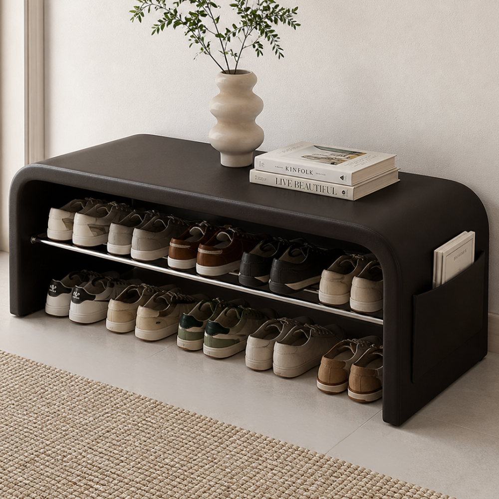 Scandinavian Shoe Storage Bench - 1-Tier Faux Leather Shoe Rack for Entryway Shoe Storage Benches