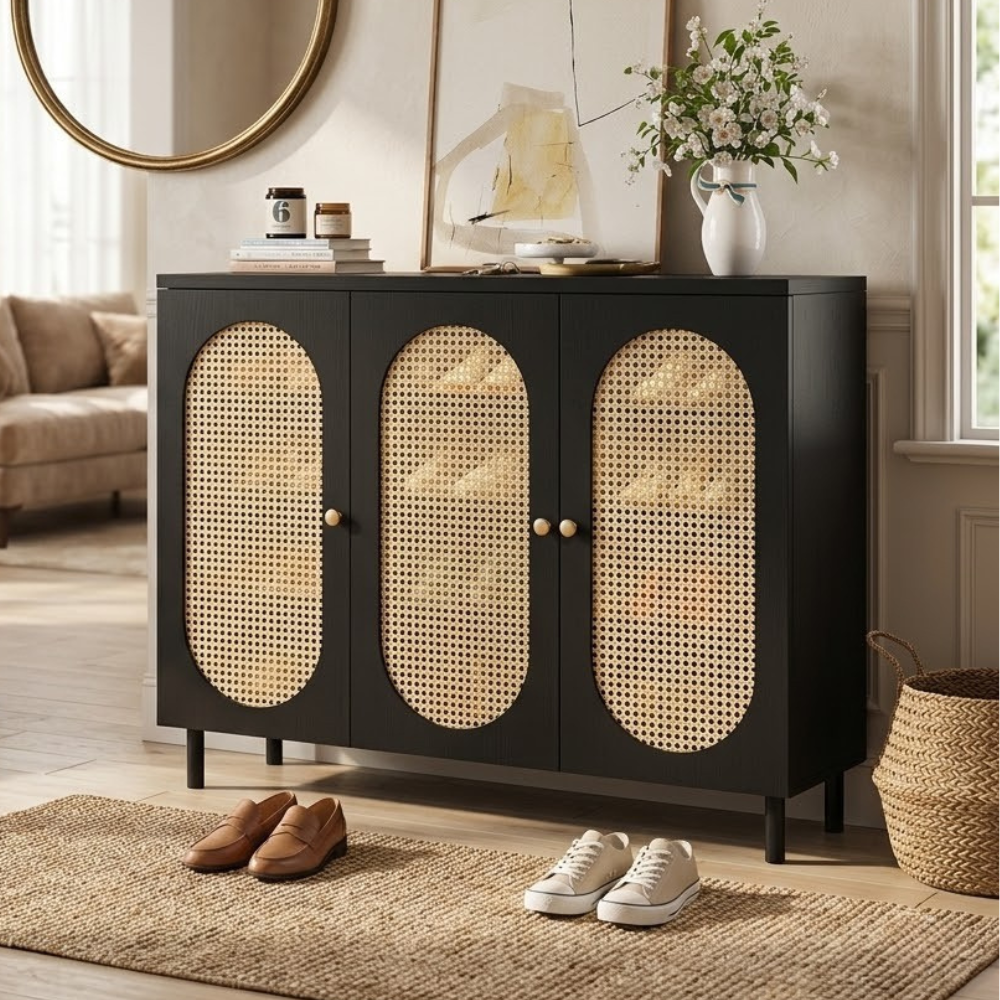 Modern Minimalist 4-Tier Shoe Storage Cabinet with Rattan & Glass Organizer for Entryway Shoe Storage