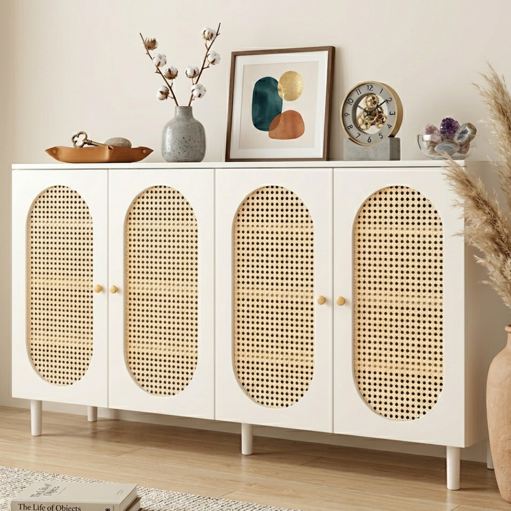Modern Minimalist 4-Tier Shoe Storage Cabinet with Rattan & Glass Organizer for Entryway Shoe Storage