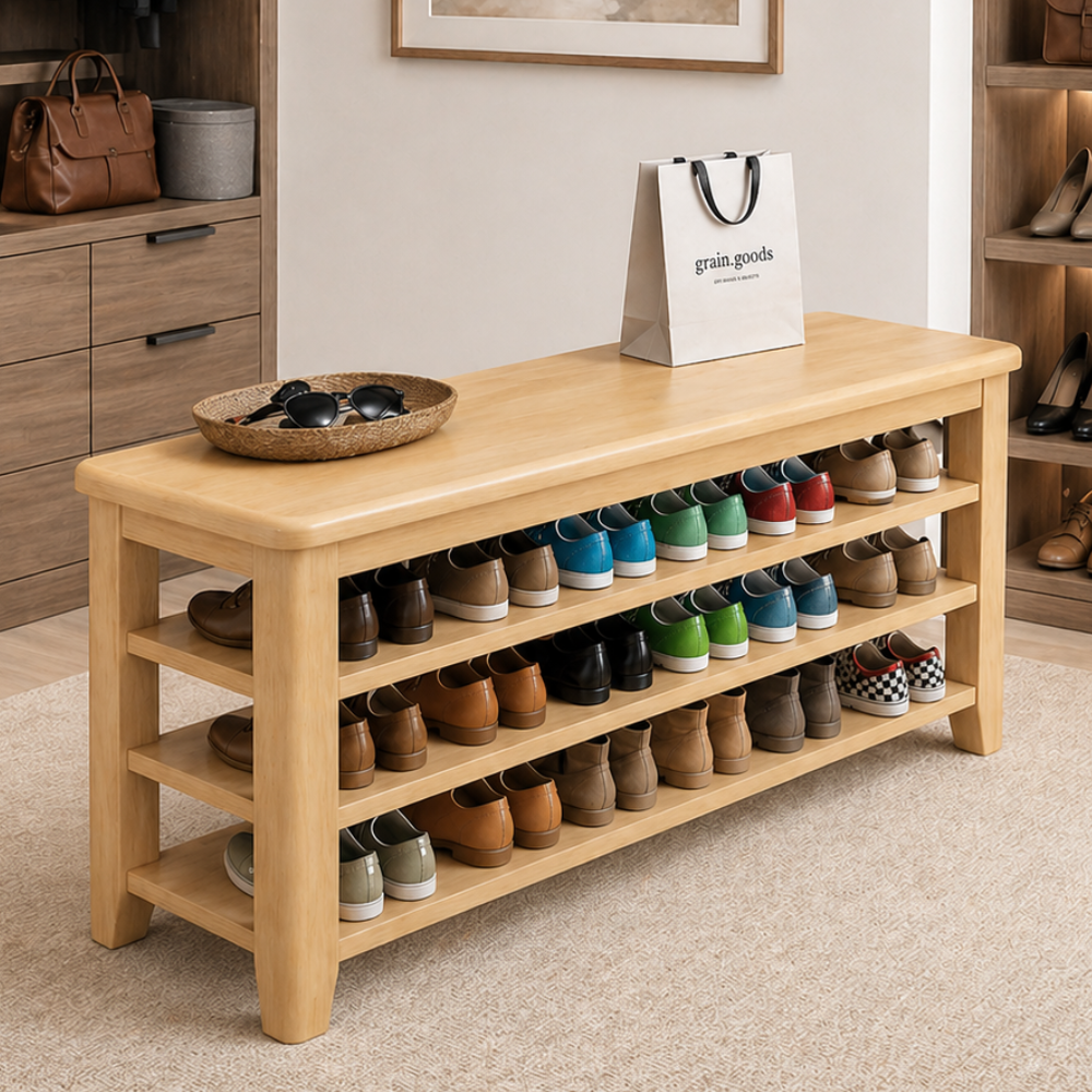 Elegant Solid Wood Shoe Bench with 3 Tiers for Entryway Storage Benches