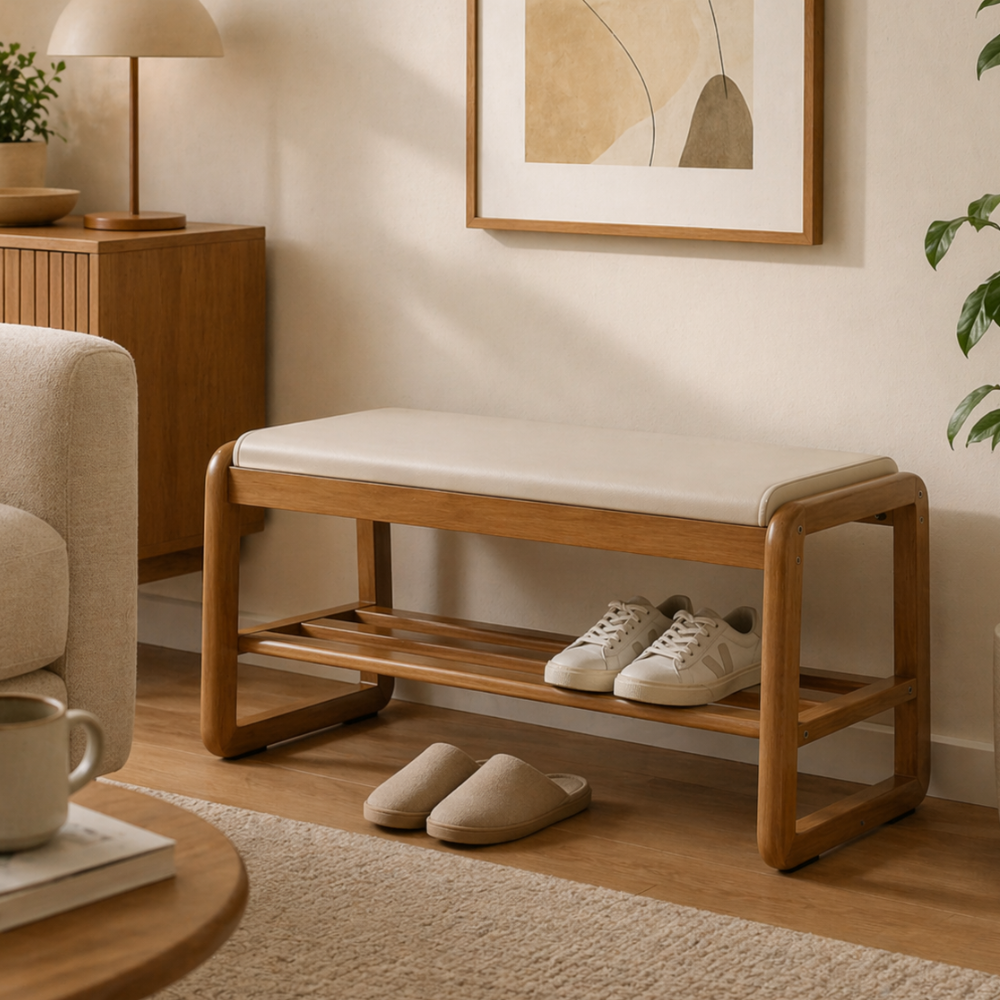 Scandinavian Shoe Rack Storage - Solid Wood with Tech Cloth Top for Entryways Shoe Storage