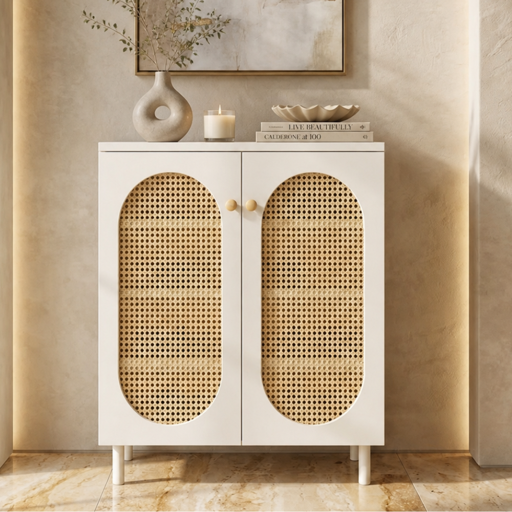 Modern Minimalist 4-Tier Shoe Storage Cabinet with Rattan & Glass Organizer for Entryway Shoe Storage
