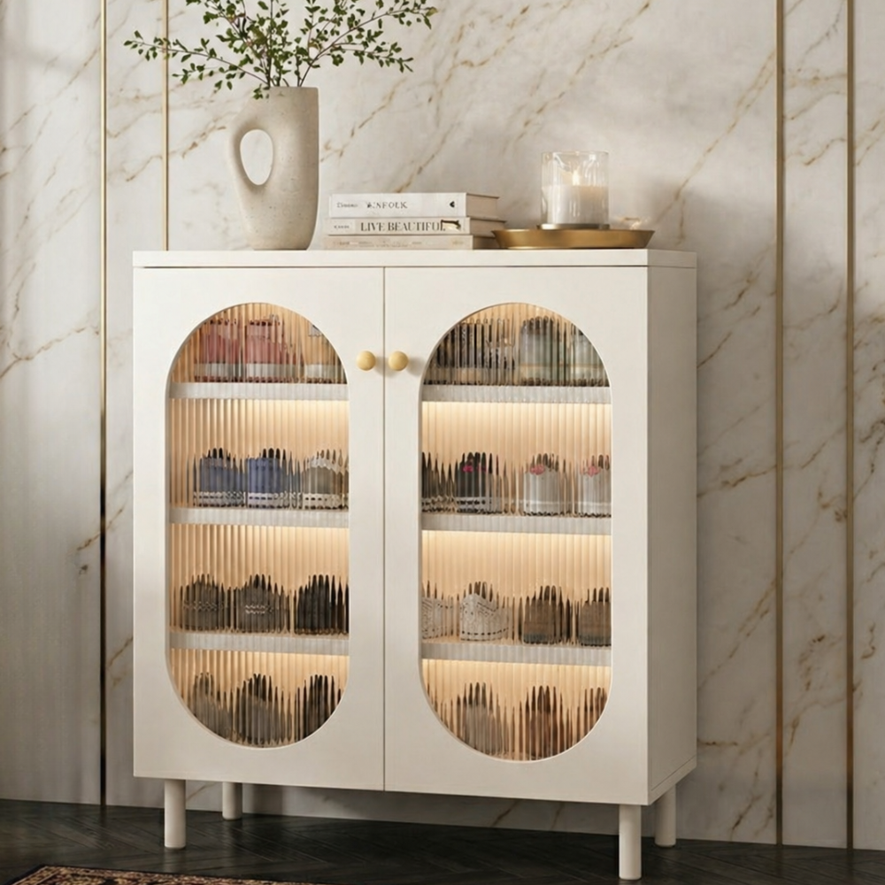 Modern Minimalist 4-Tier Shoe Storage Cabinet with Rattan & Glass Organizer for Entryway Shoe Storage