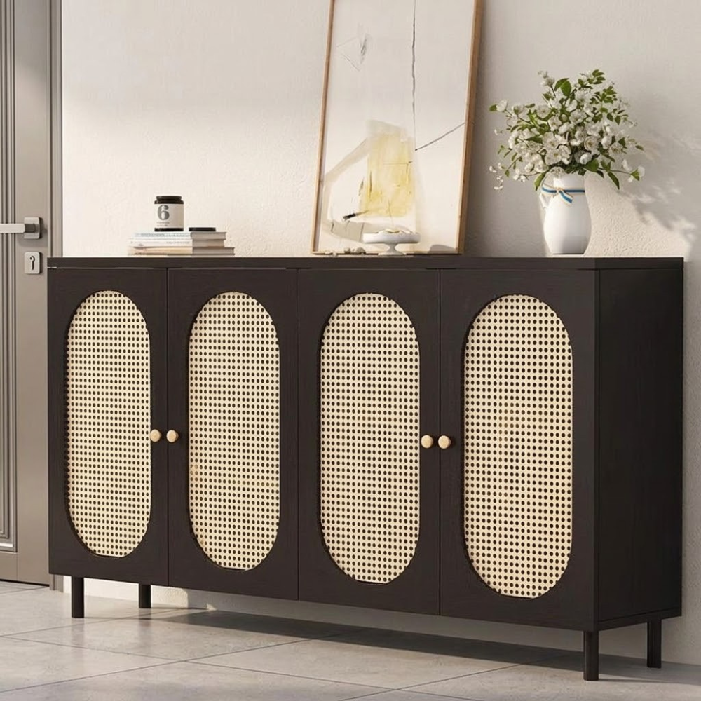 Modern Minimalist 4-Tier Shoe Storage Cabinet with Rattan & Glass Organizer for Entryway Shoe Storage