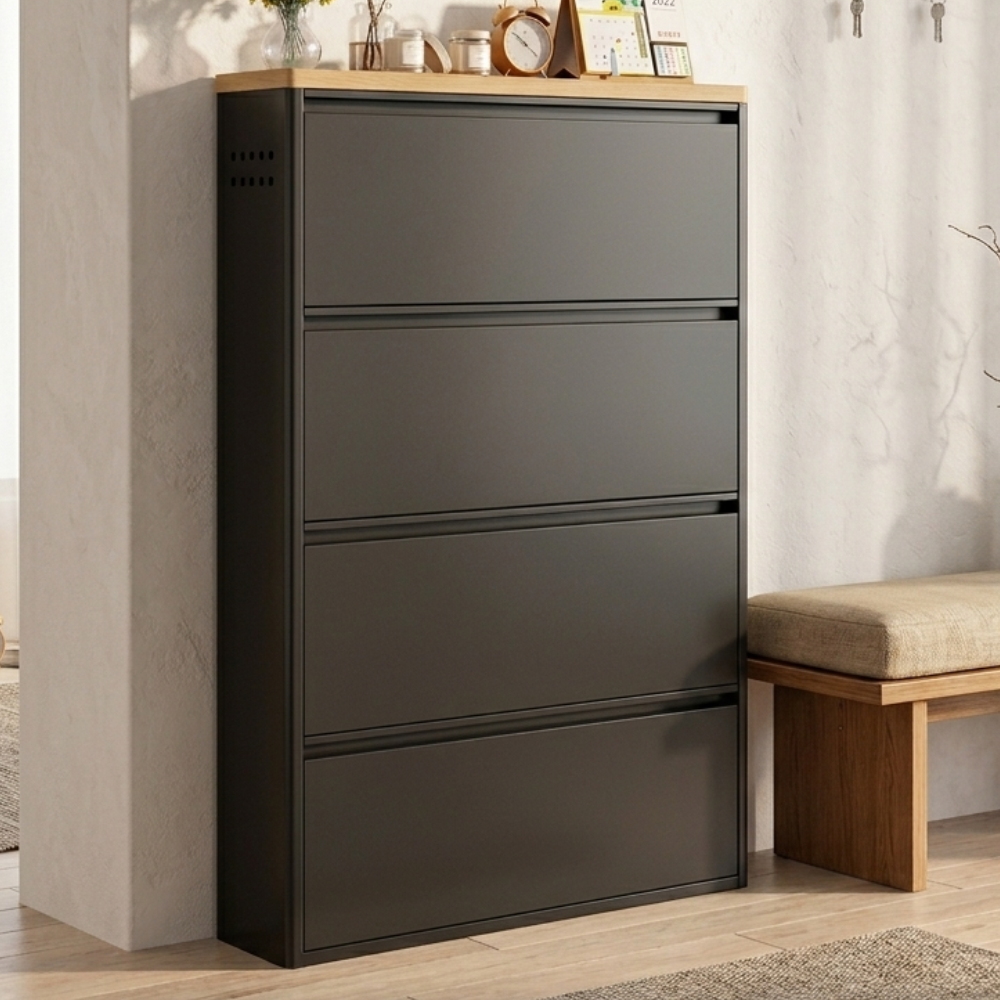 Modern Minimalist Shoe Storage Cabinet - Slim Steel Organizer with Drawers Shoe Storage