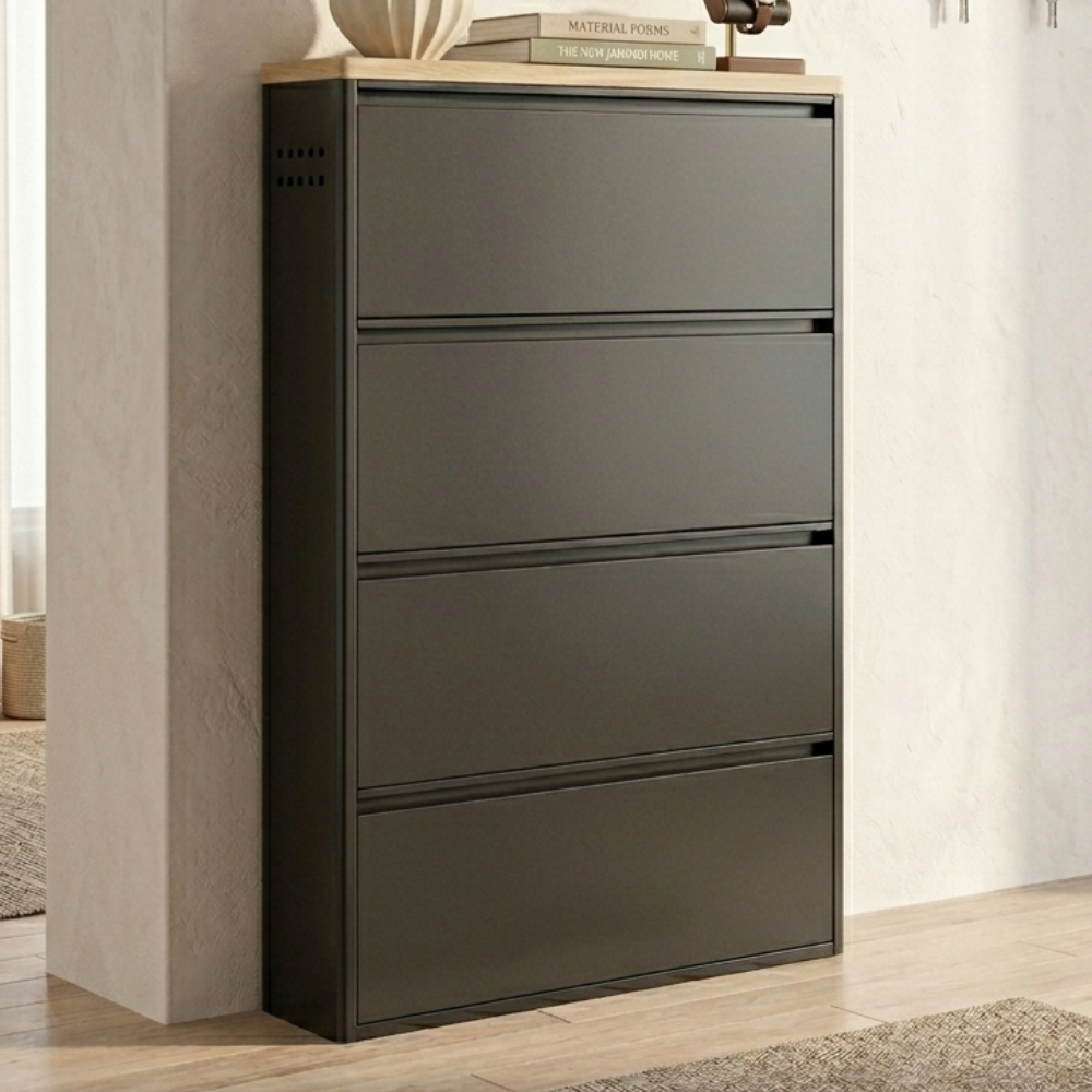 Modern Minimalist Shoe Storage Cabinet - Slim Steel Organizer with Drawers Shoe Storage