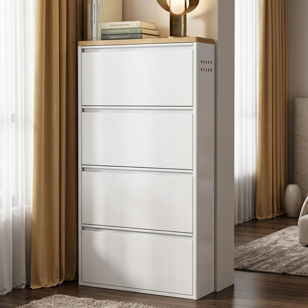 Modern Minimalist Shoe Storage Cabinet - Slim Steel Organizer with Drawers Shoe Storage