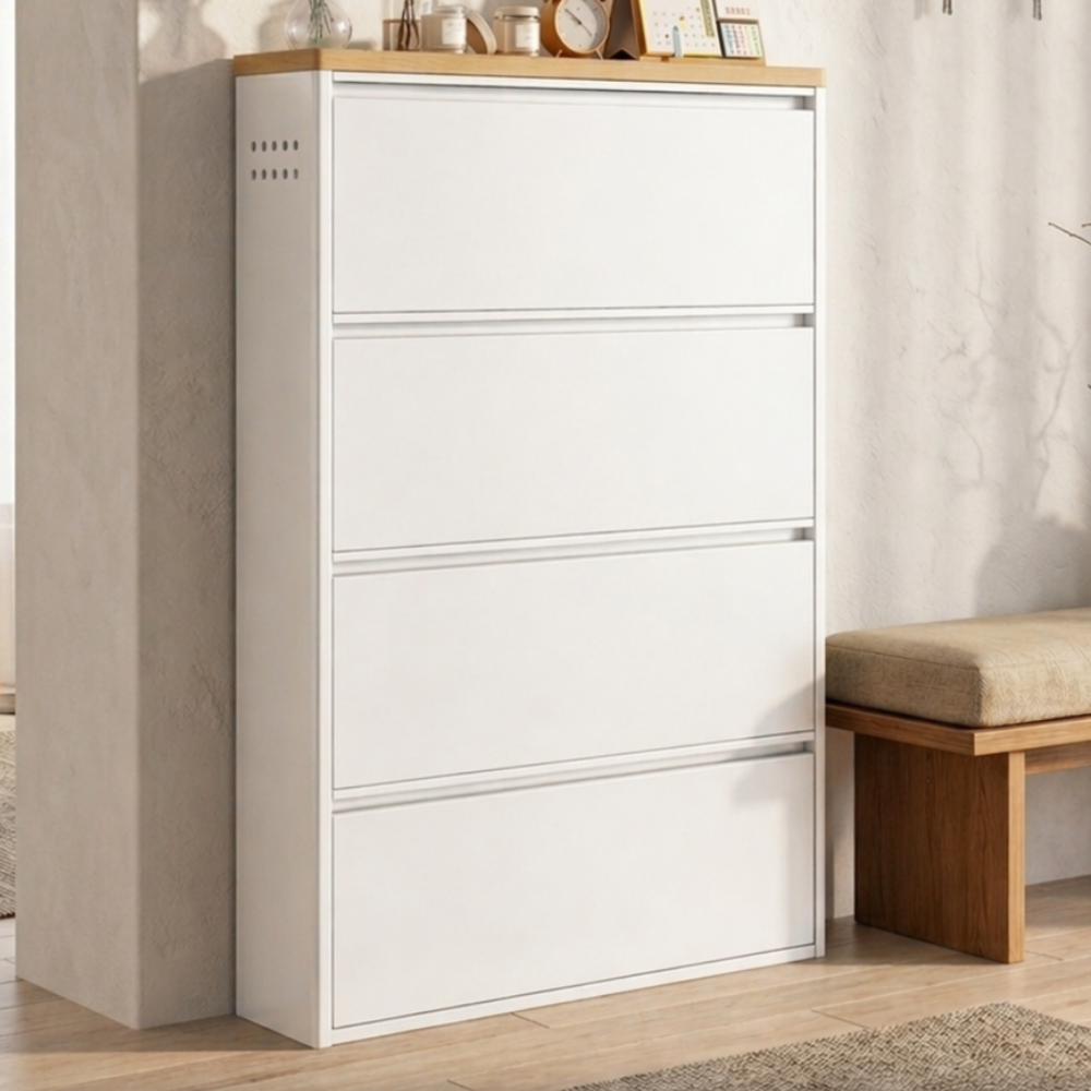 Modern Minimalist Shoe Storage Cabinet - Slim Steel Organizer with Drawers Shoe Storage