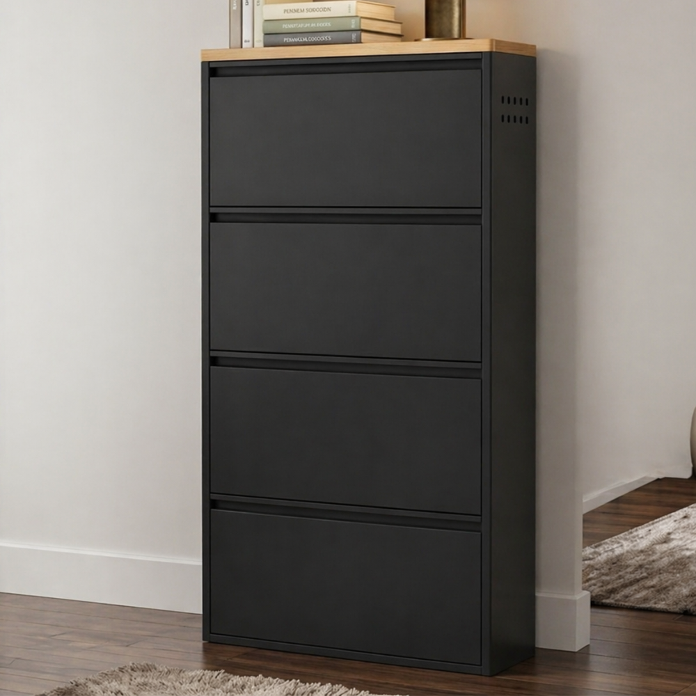 Modern Minimalist Shoe Storage Cabinet - Slim Steel Organizer with Drawers Shoe Storage