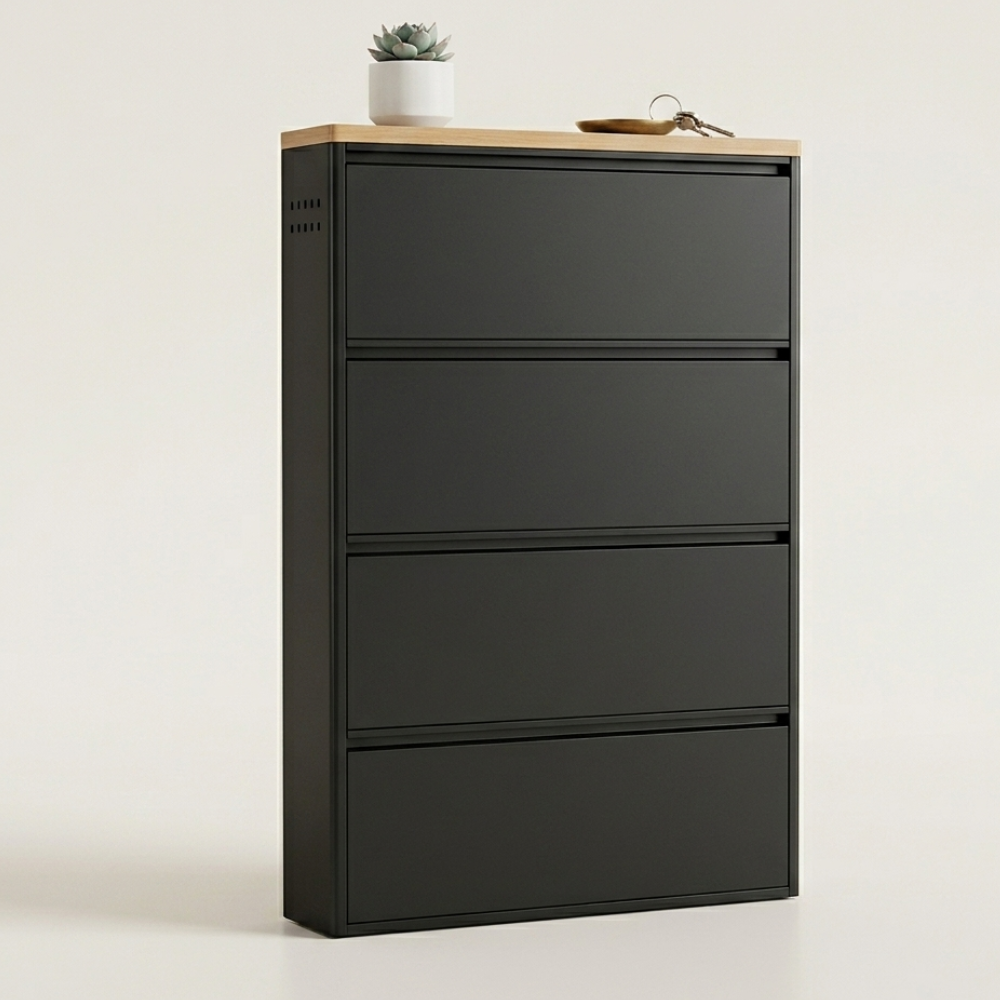 Modern Minimalist Shoe Storage Cabinet - Slim Steel Organizer with Drawers Shoe Storage