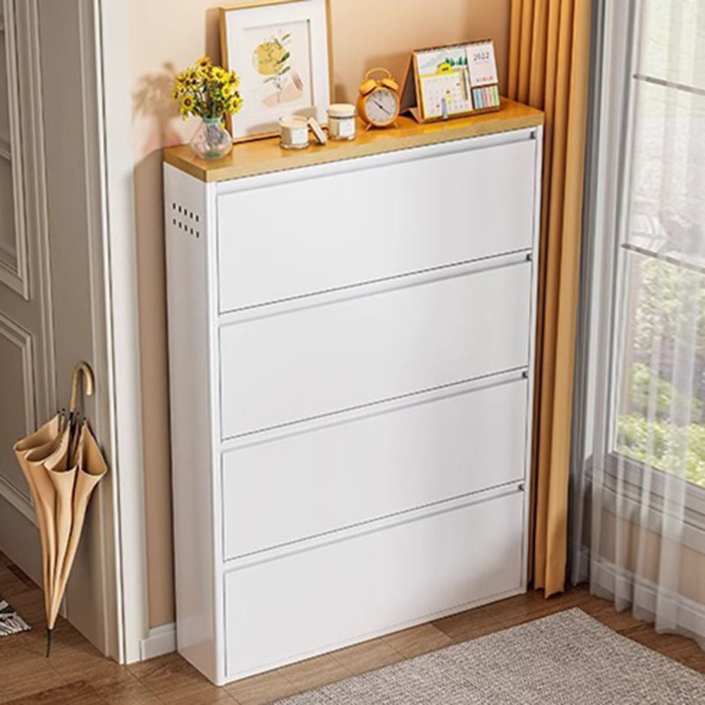 Modern Minimalist Shoe Storage Cabinet - Slim Steel Organizer with Drawers Shoe Storage