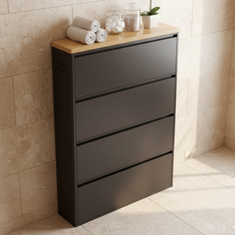 Modern Minimalist Shoe Storage Cabinet - Slim Steel Organizer with Drawers Shoe Storage