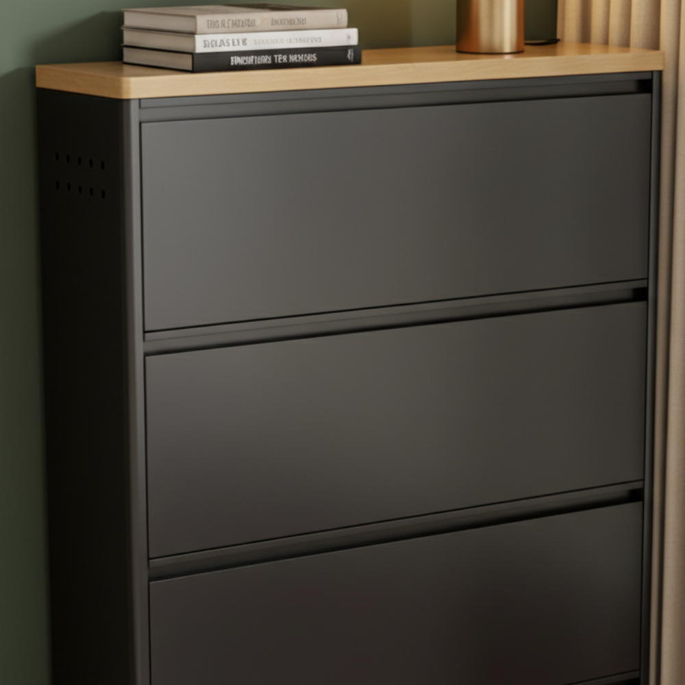 Modern Minimalist Shoe Storage Cabinet - Slim Steel Organizer with Drawers Shoe Storage