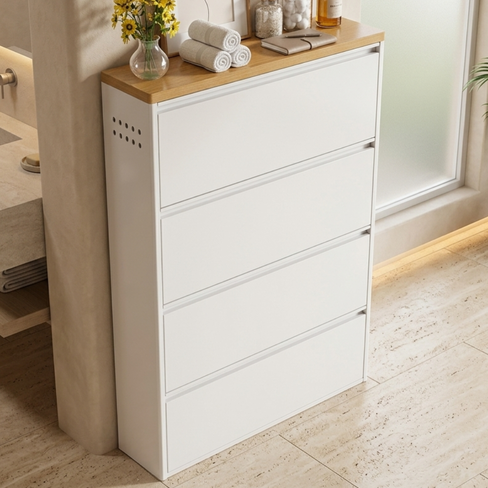 Modern Minimalist Shoe Storage Cabinet - Slim Steel Organizer with Drawers Shoe Storage