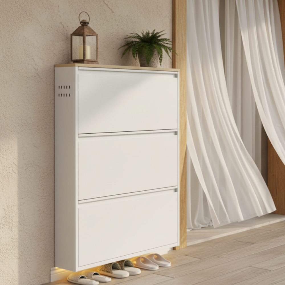 Modern Minimalist Shoe Storage Cabinet - Slim Steel Organizer with Drawers Shoe Storage