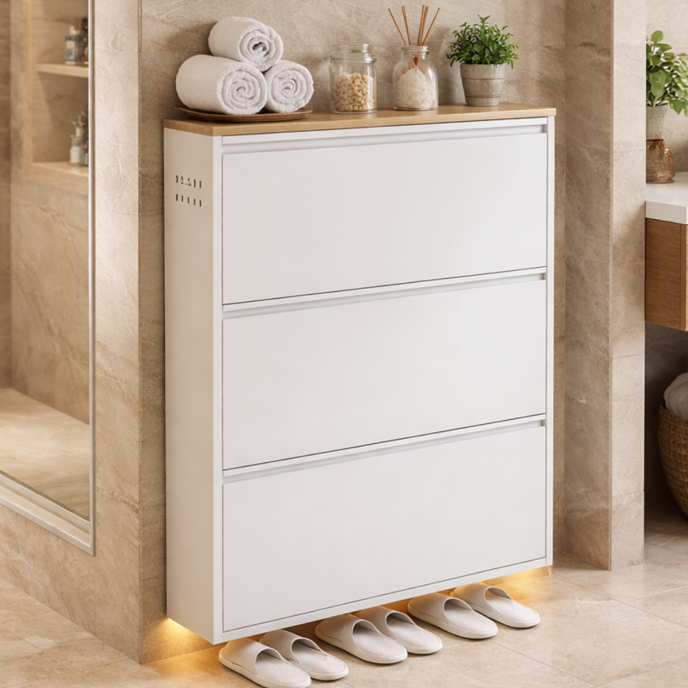 Modern Minimalist Shoe Storage Cabinet - Slim Steel Organizer with Drawers Shoe Storage
