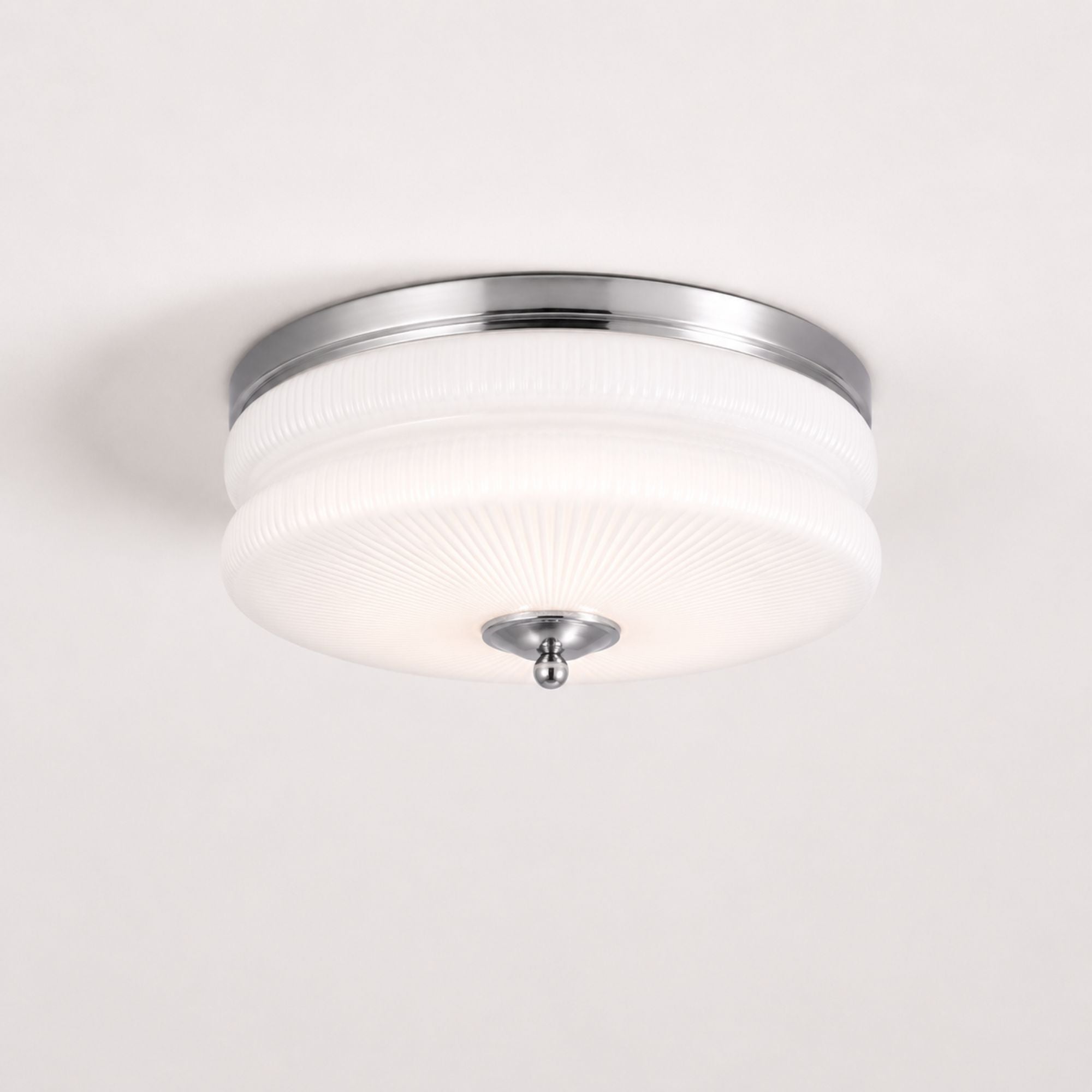 Art Deco Vintage Ceiling Light — Small, Chrome frame, White glass