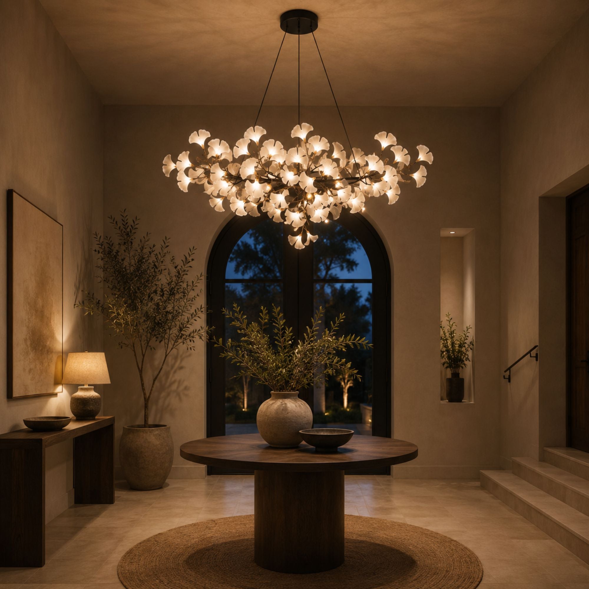 Gingko chandelier as a statement over a foyer table at dusk, black branches