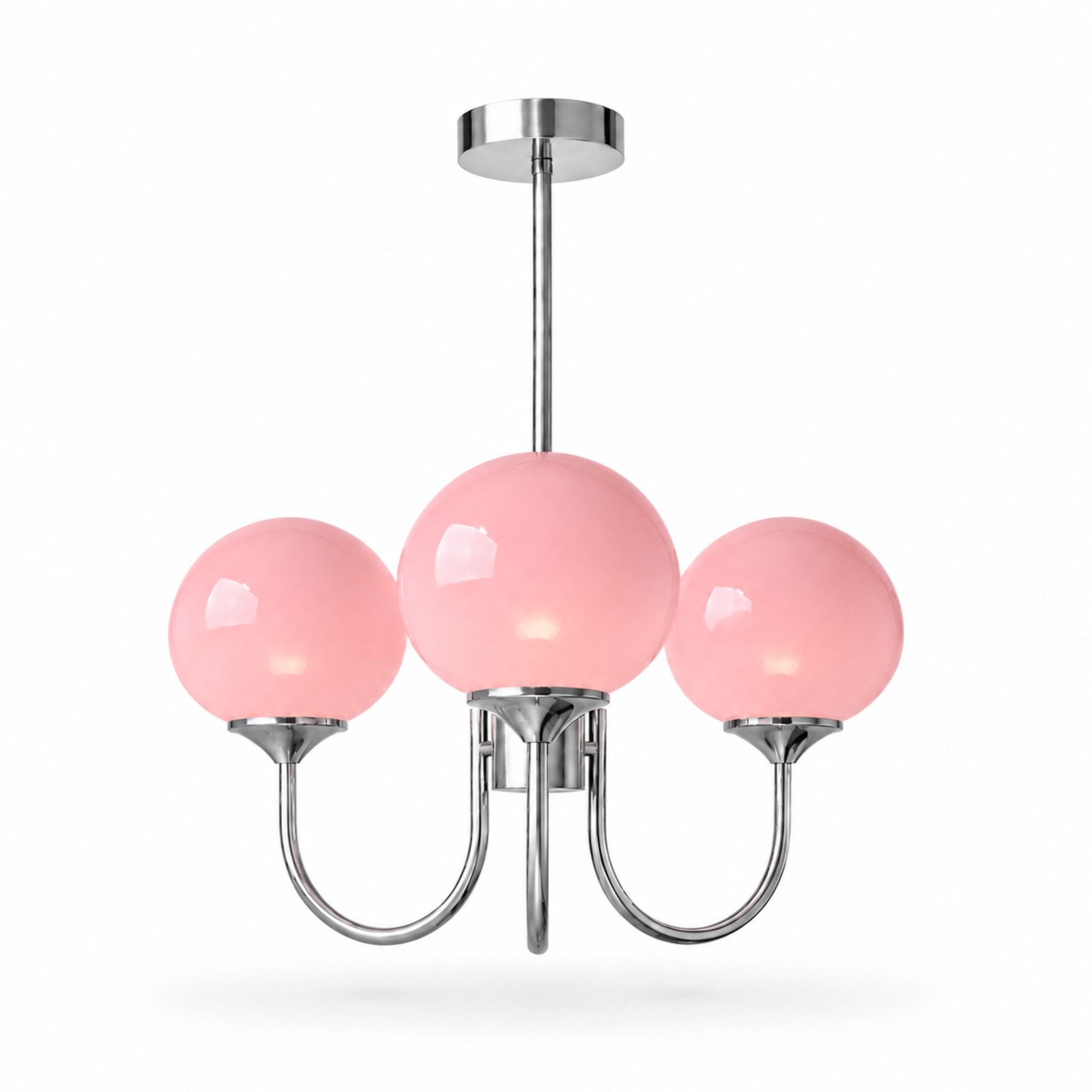 Marshmallow Chandelier — chrome frame, pink frosted glass shades