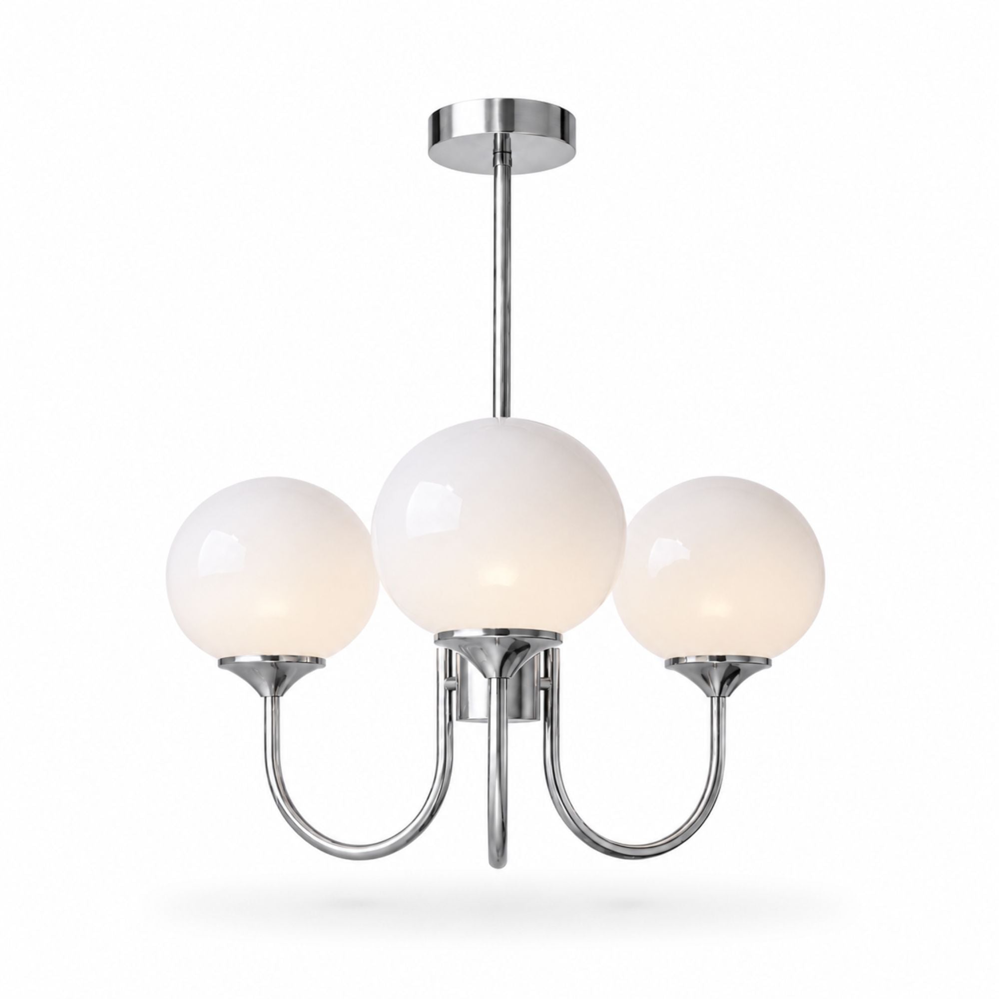 Marshmallow Chandelier — chrome frame, white frosted glass shades
