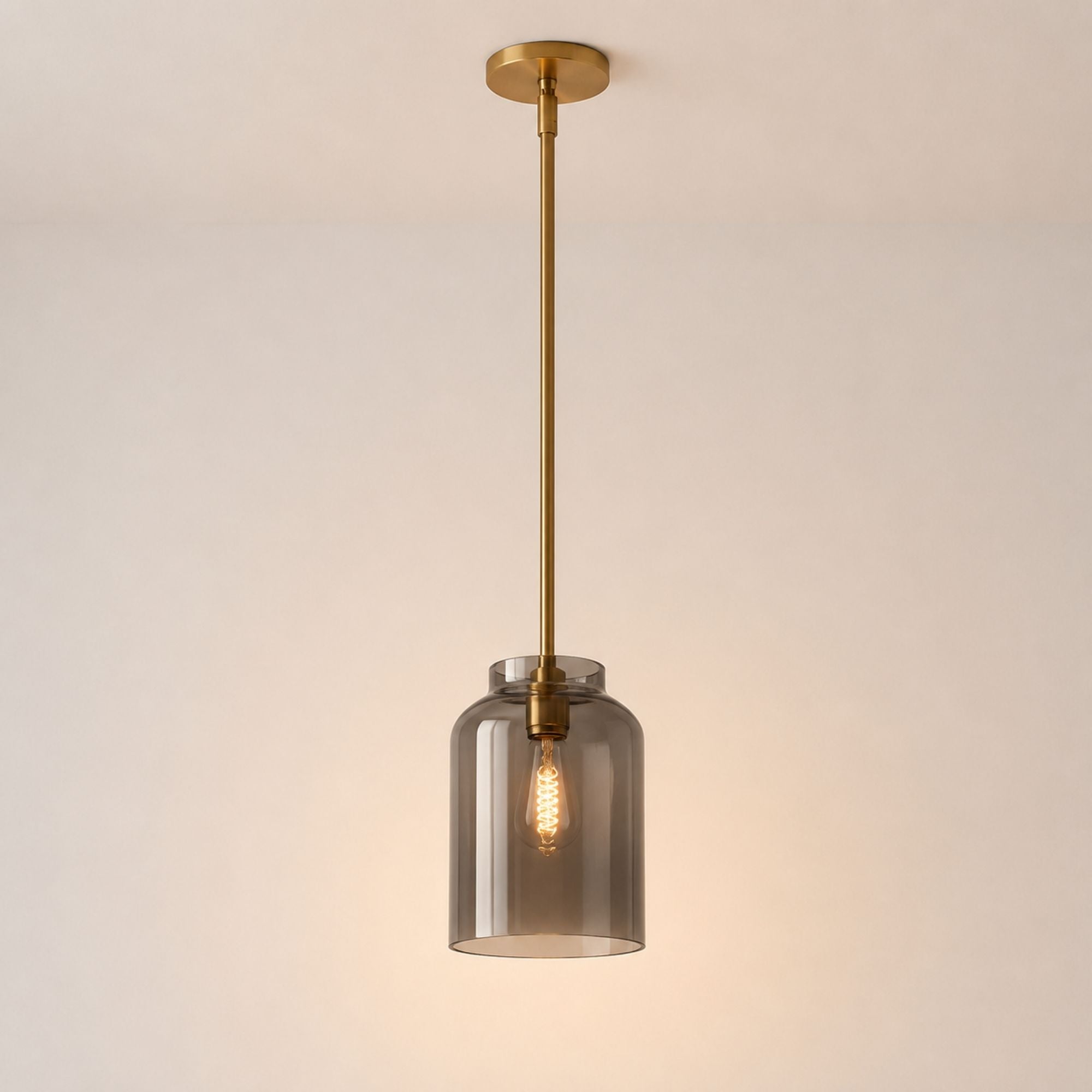 Nerys Pendant Light — 7.5in, Smoke Glass shade, Antique Brass finish