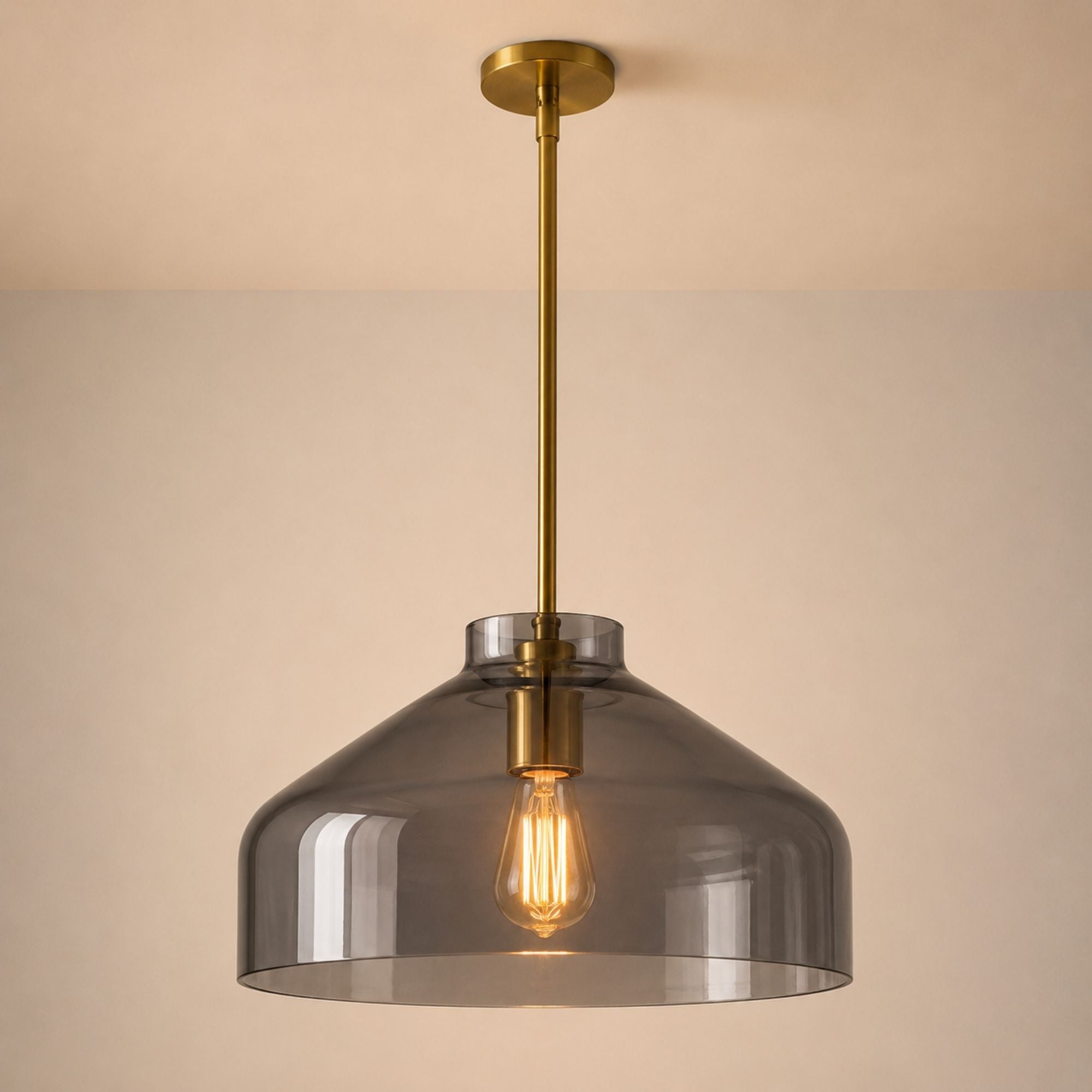 Nerys Pendant Light — 16in, Smoke Glass shade, Antique Brass finish