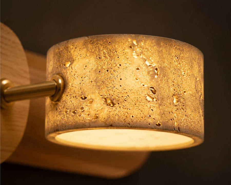 Close detail of the travertine shade glowing