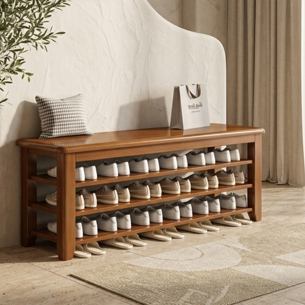 Elegant Solid Wood Shoe Bench with 3 Tiers for Entryway Storage Benches
