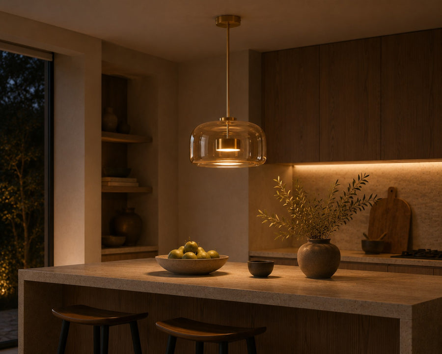 The glass pendant over a kitchen island