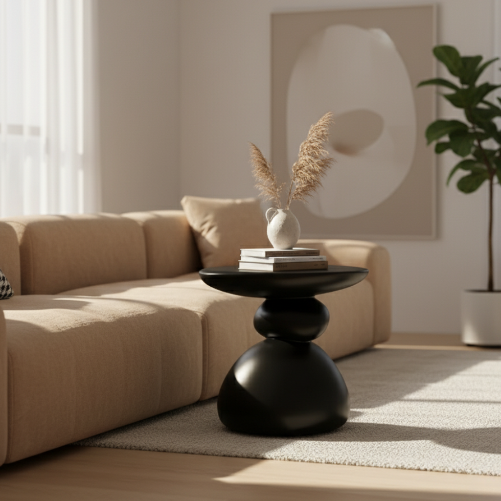 Modern Minimalist Stone Side Table - Scandinavian Design for Living Room or Bedroom Side Table