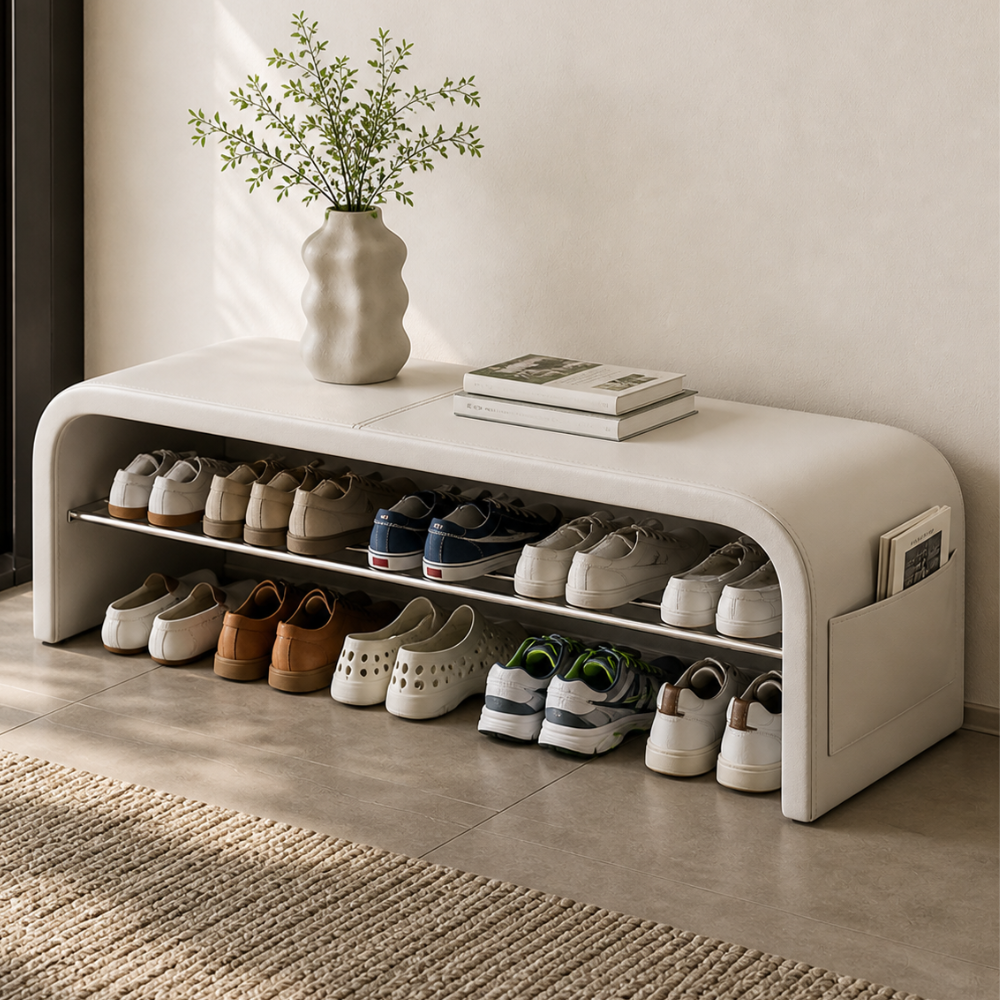 Scandinavian Shoe Storage Bench - 1-Tier Faux Leather Shoe Rack for Entryway Shoe Storage Benches