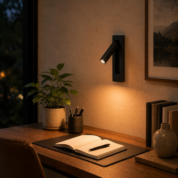 Beside a desk