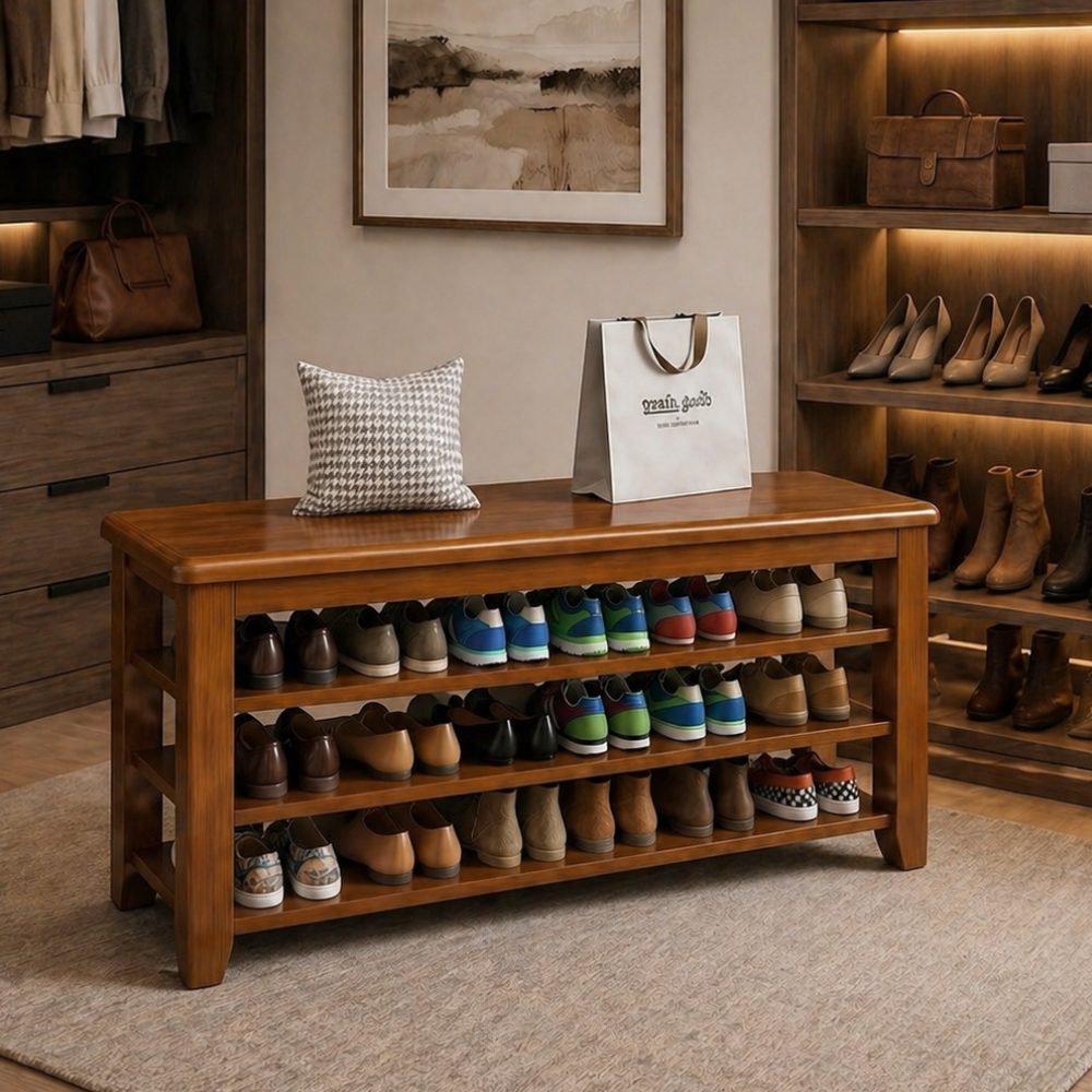 Elegant Solid Wood Shoe Bench with 3 Tiers for Entryway Storage Benches