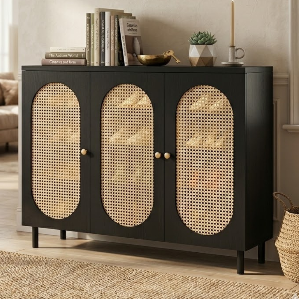 Modern Minimalist 4-Tier Shoe Storage Cabinet with Rattan & Glass Organizer for Entryway Shoe Storage