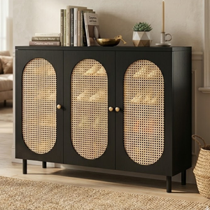 Modern Minimalist 4-Tier Shoe Storage Cabinet with Rattan & Glass Organizer for Entryway Shoe Storage