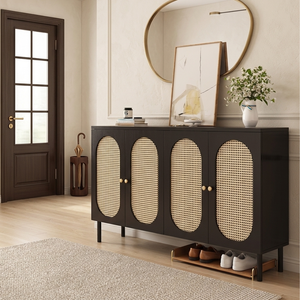 Modern Minimalist 4-Tier Shoe Storage Cabinet with Rattan & Glass Organizer for Entryway Shoe Storage