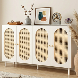 Modern Minimalist 4-Tier Shoe Storage Cabinet with Rattan & Glass Organizer for Entryway Shoe Storage