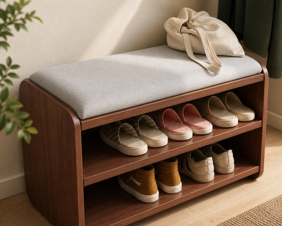 The cushioned seat of the shoe bench in an entryway