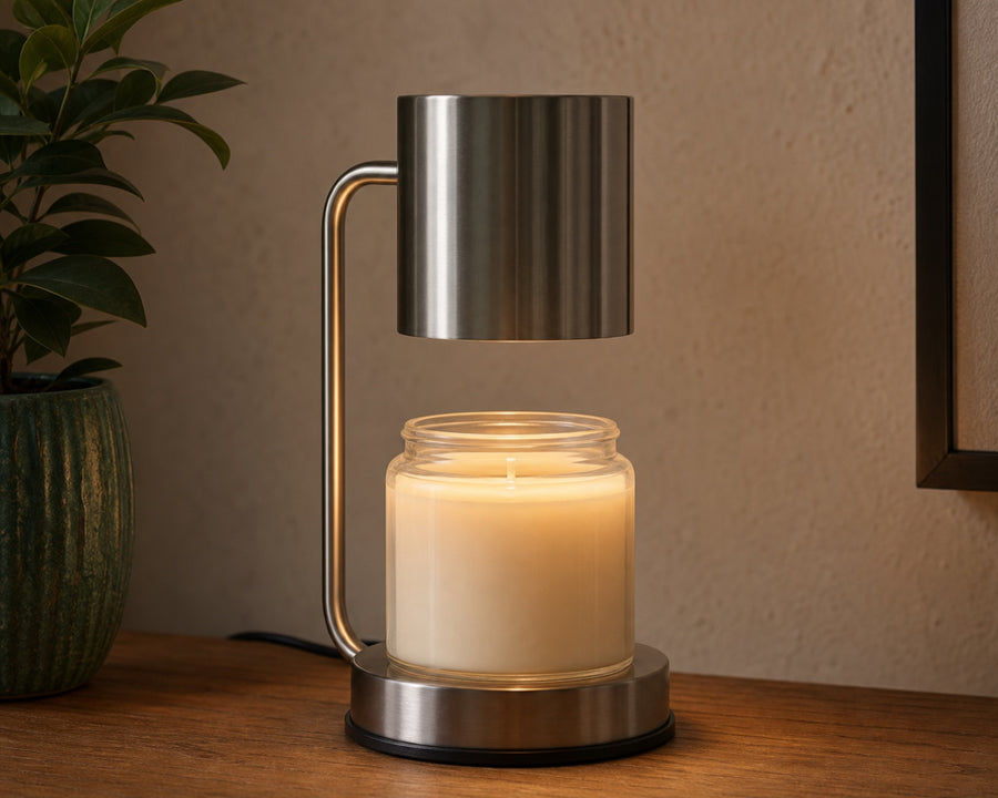 The candle warmer lamp glowing over a melting jar candle