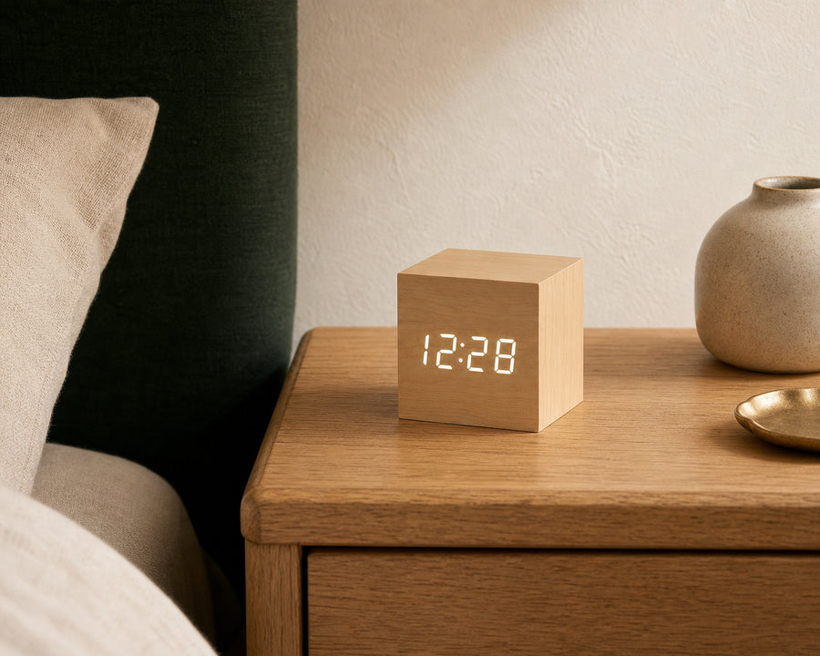 The wood-grain clock lit on a nightstand