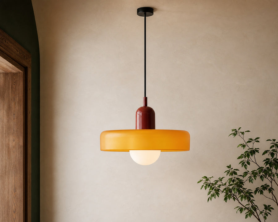 The colour-blocked pendant, glass shade against metal body