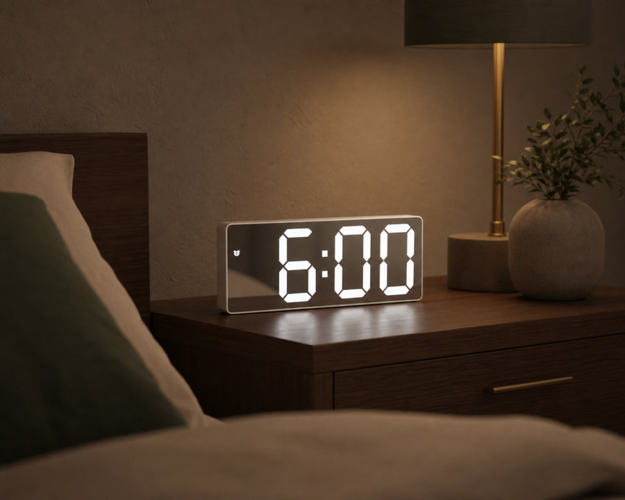 The clock glowing softly on a nightstand in a dark room