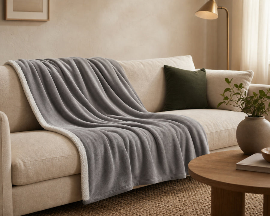 The microfleece heated throw draped over a sofa