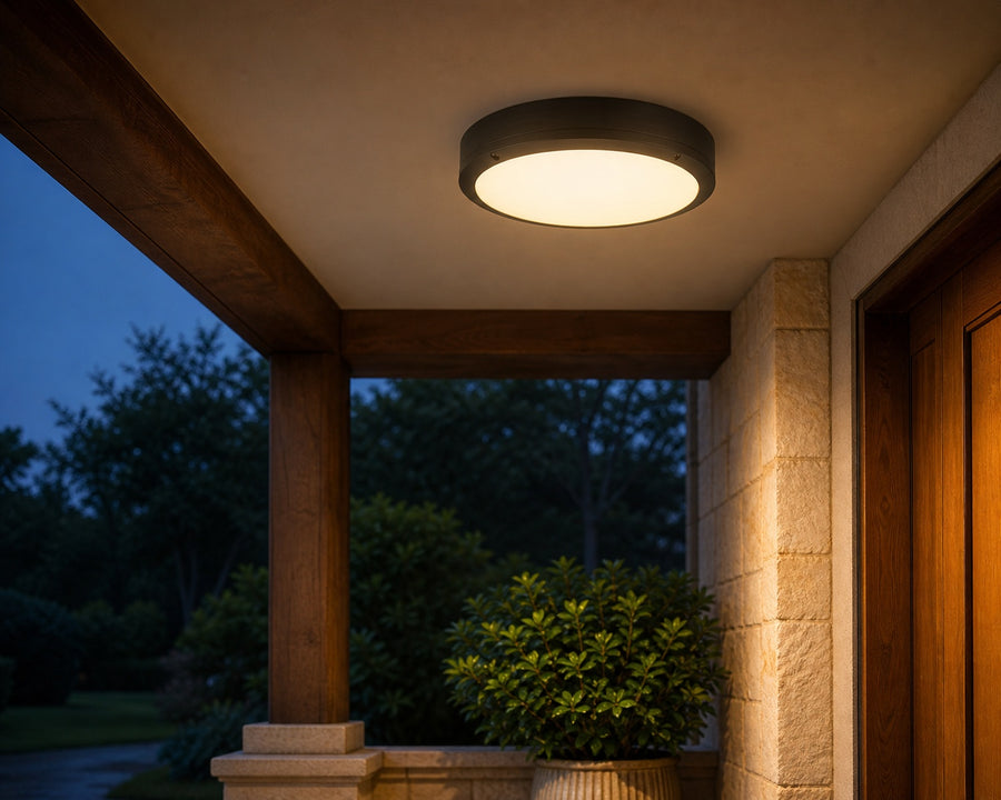 The flush mount on a covered porch ceiling