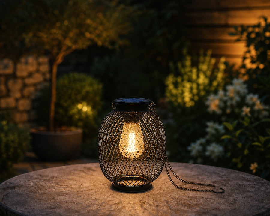 The lantern glowing warm in a garden at dusk