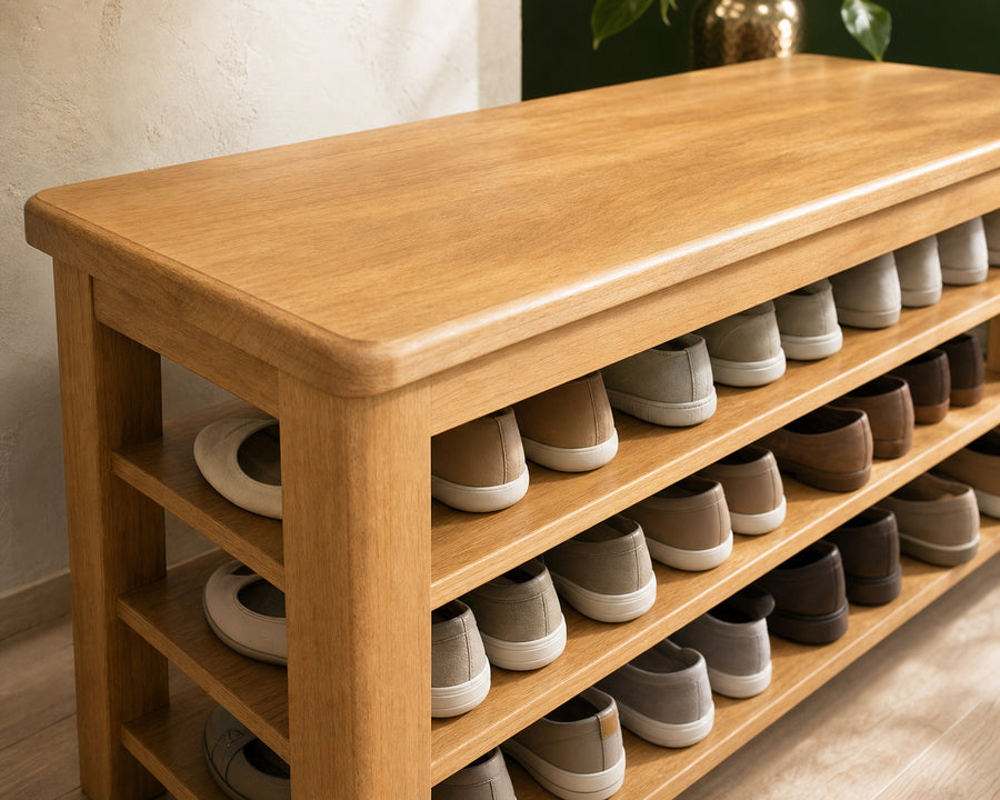 Close view of the wide solid wood seat