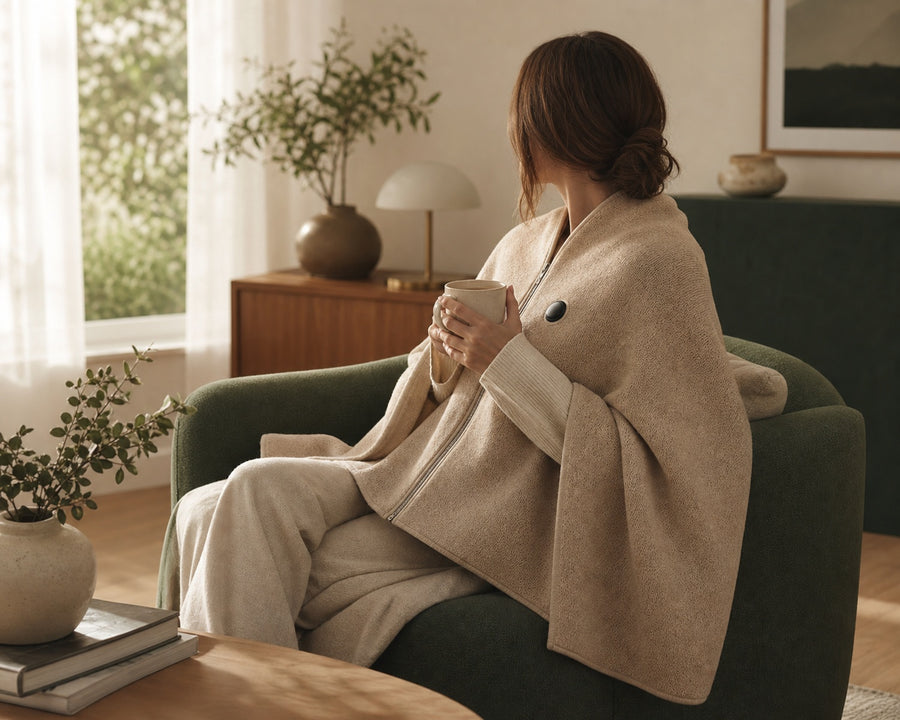 The heated wrap around someone's shoulders on a cold morning